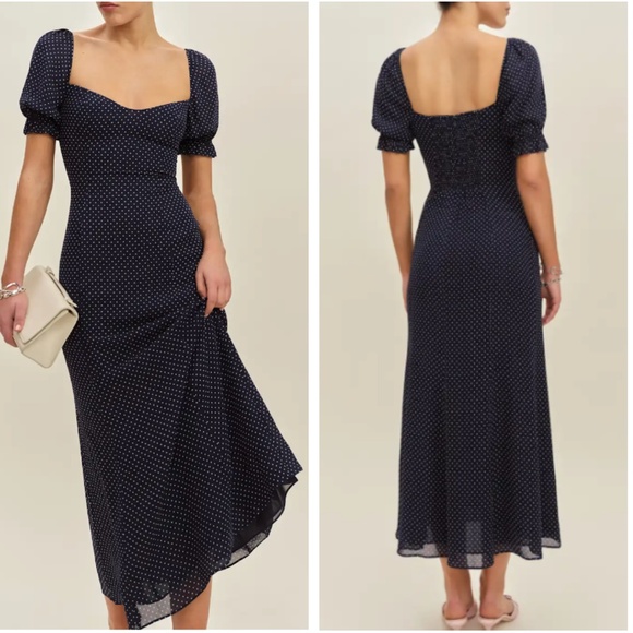 Reformation Dresses & Skirts - Reformation Navy Polka Dot Midi Dress